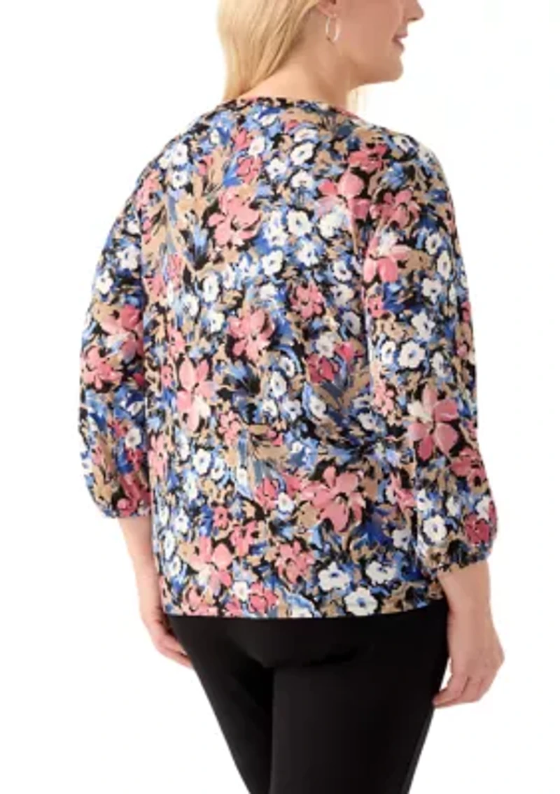 Plus 3/4 Puff Sleeve Crew Neck Crepe Top