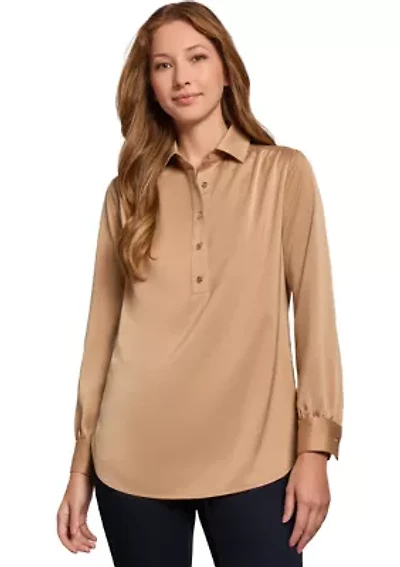 Women's Long Sleeve Side Button Popover Tunic Blouse