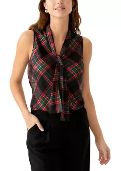 Women's Sleeveless Bow Neck Plaid Blouse