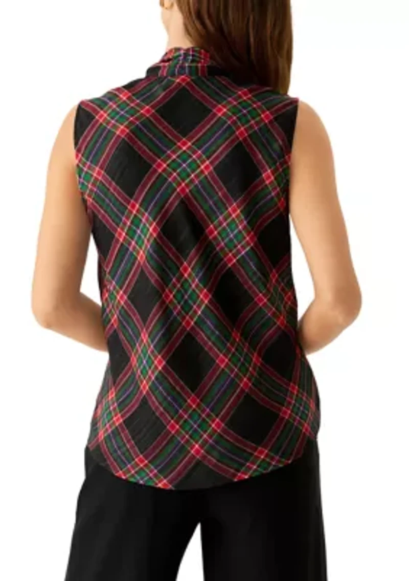 Women's Sleeveless Bow Neck Plaid Blouse