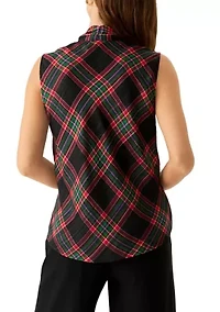 Women's Sleeveless Bow Neck Plaid Blouse