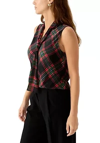 Women's Sleeveless Bow Neck Plaid Blouse