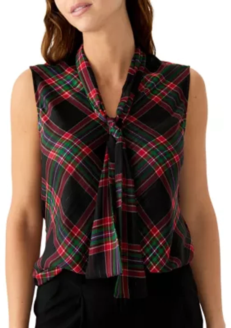 Women's Sleeveless Bow Neck Plaid Blouse