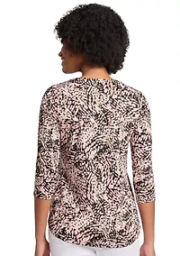 Women's Printed Moss Crepe 3/4 Sleeve V-Neck Top with Tube Trim