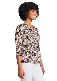 Women's Printed Moss Crepe 3/4 Sleeve V-Neck Top with Tube Trim