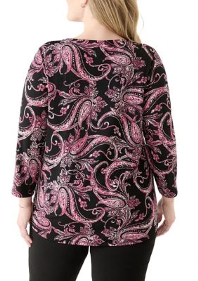 Plus Printed Moss Crepe 3/4 Sleeve V-Neck Top with Tube Trim