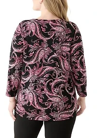 Plus Printed Moss Crepe 3/4 Sleeve V-Neck Top with Tube Trim