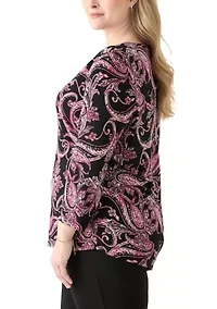 Plus Printed Moss Crepe 3/4 Sleeve V-Neck Top with Tube Trim