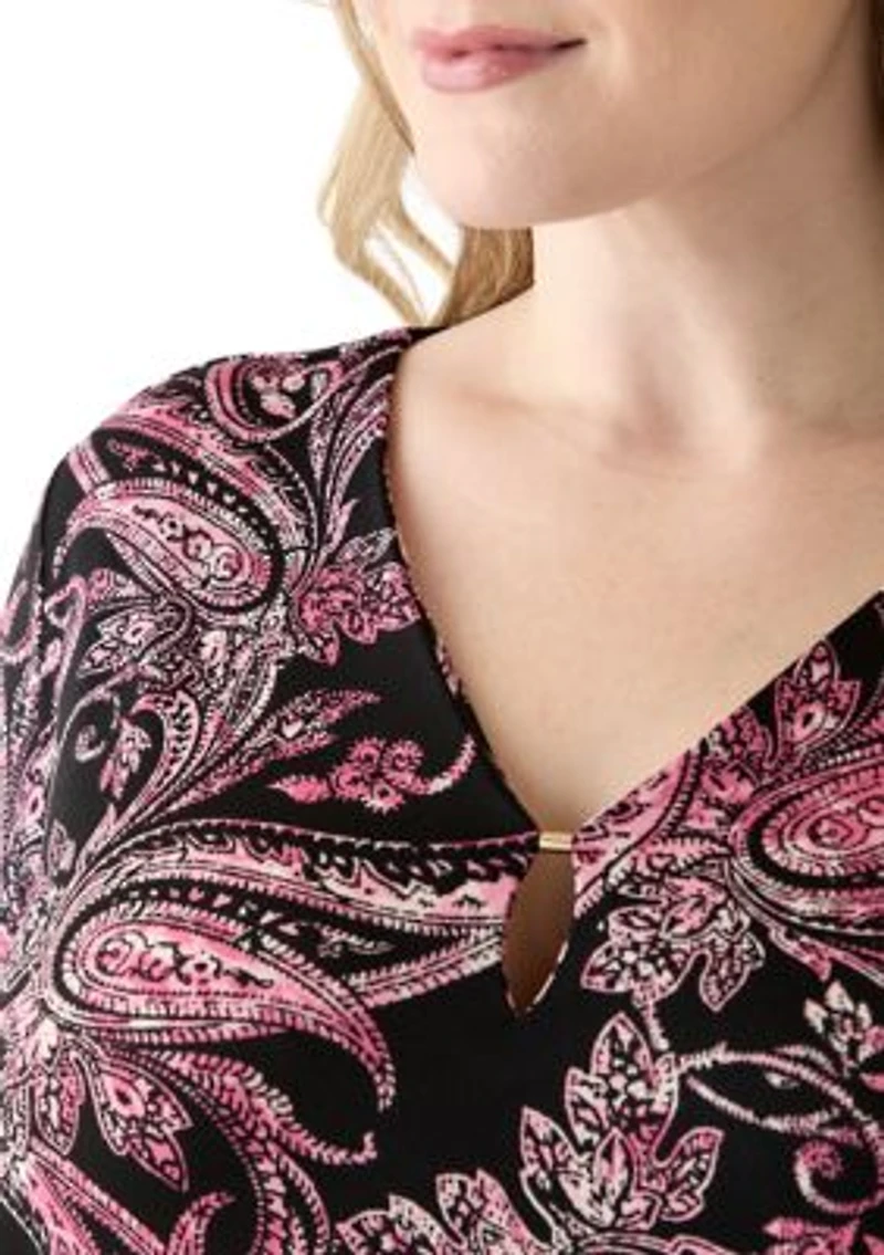 Plus Printed Moss Crepe 3/4 Sleeve V-Neck Top with Tube Trim