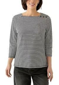 Petite Mini Yarn Dyed Feeder Stripe 3/4 Sleeve Square Neck Top