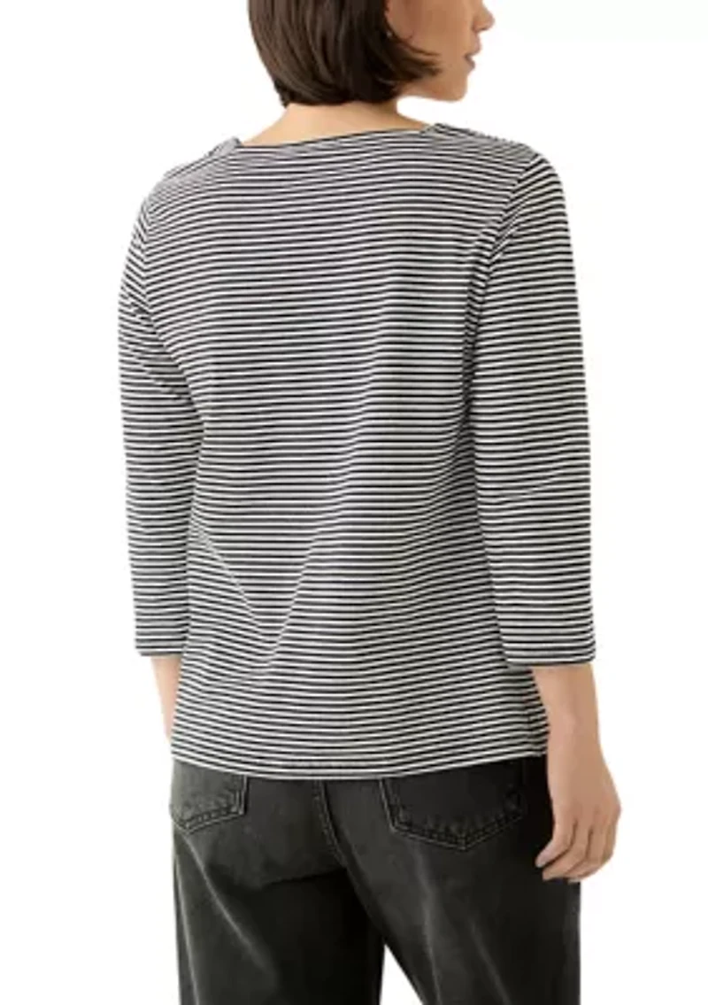Petite Mini Yarn Dyed Feeder Stripe 3/4 Sleeve Square Neck Top