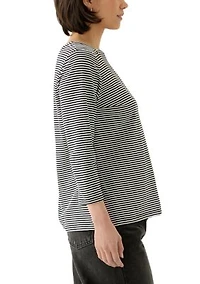 Petite Mini Yarn Dyed Feeder Stripe 3/4 Sleeve Square Neck Top