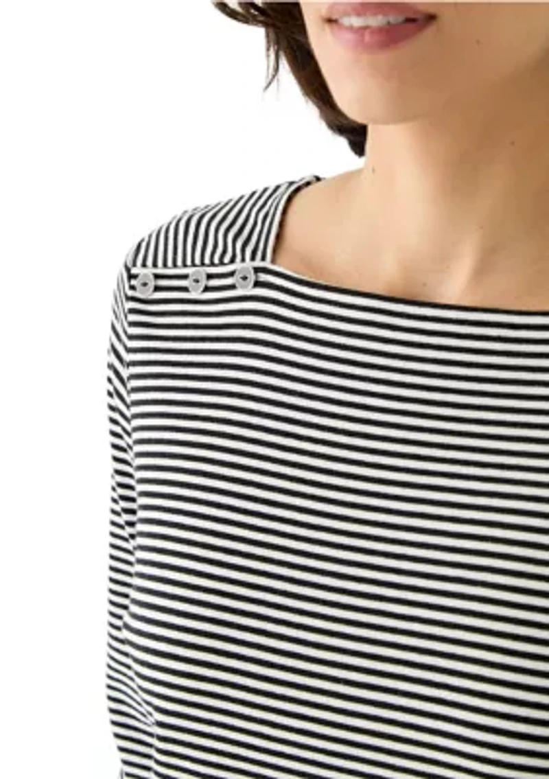 Petite Mini Yarn Dyed Feeder Stripe 3/4 Sleeve Square Neck Top