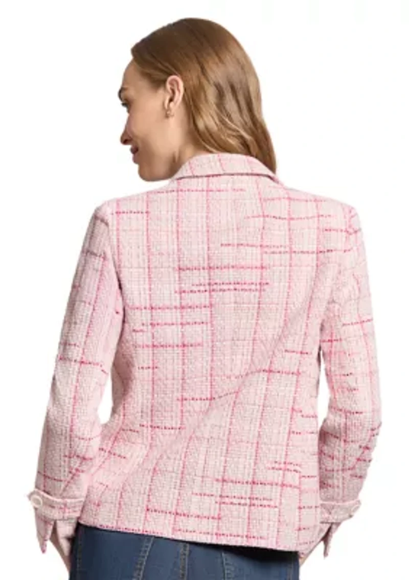 Women's Tweed Notch Faux Double Breasted Blazer with Patch Pockets and Sleeve Tab