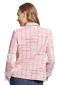 Women's Tweed Notch Faux Double Breasted Blazer with Patch Pockets and Sleeve Tab