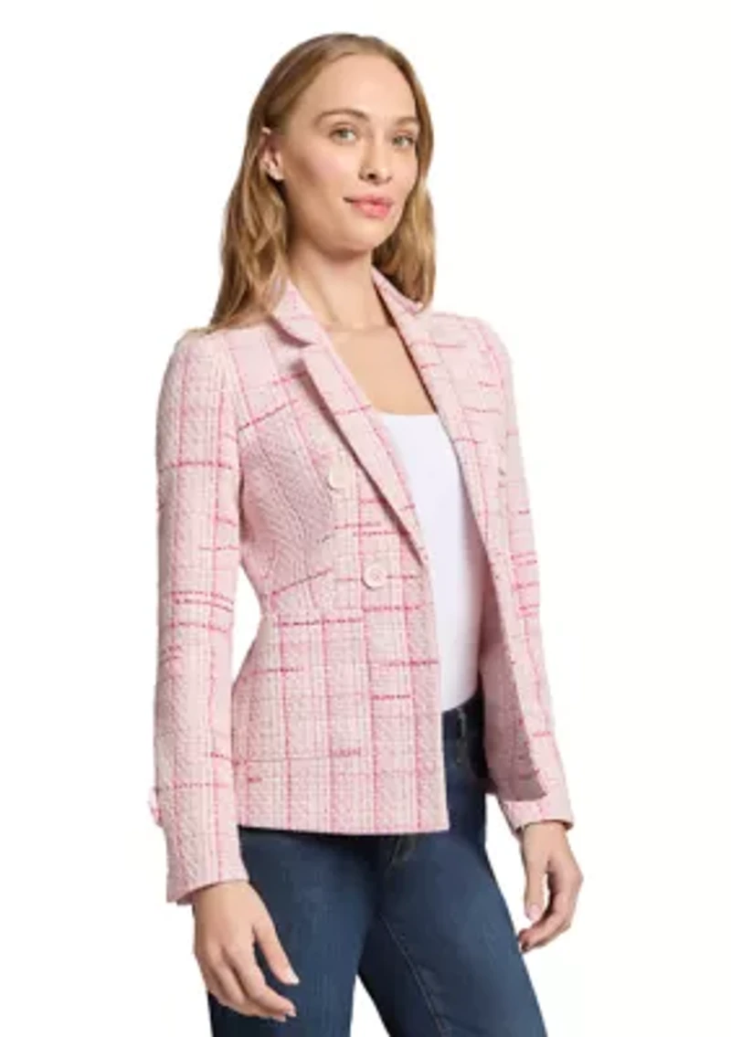 Women's Tweed Notch Faux Double Breasted Blazer with Patch Pockets and Sleeve Tab