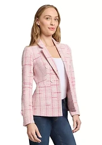 Women's Tweed Notch Faux Double Breasted Blazer with Patch Pockets and Sleeve Tab