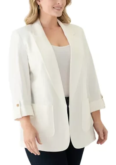 Plus Linen Patch Pocket Jacket with Roll Tab Sleeves