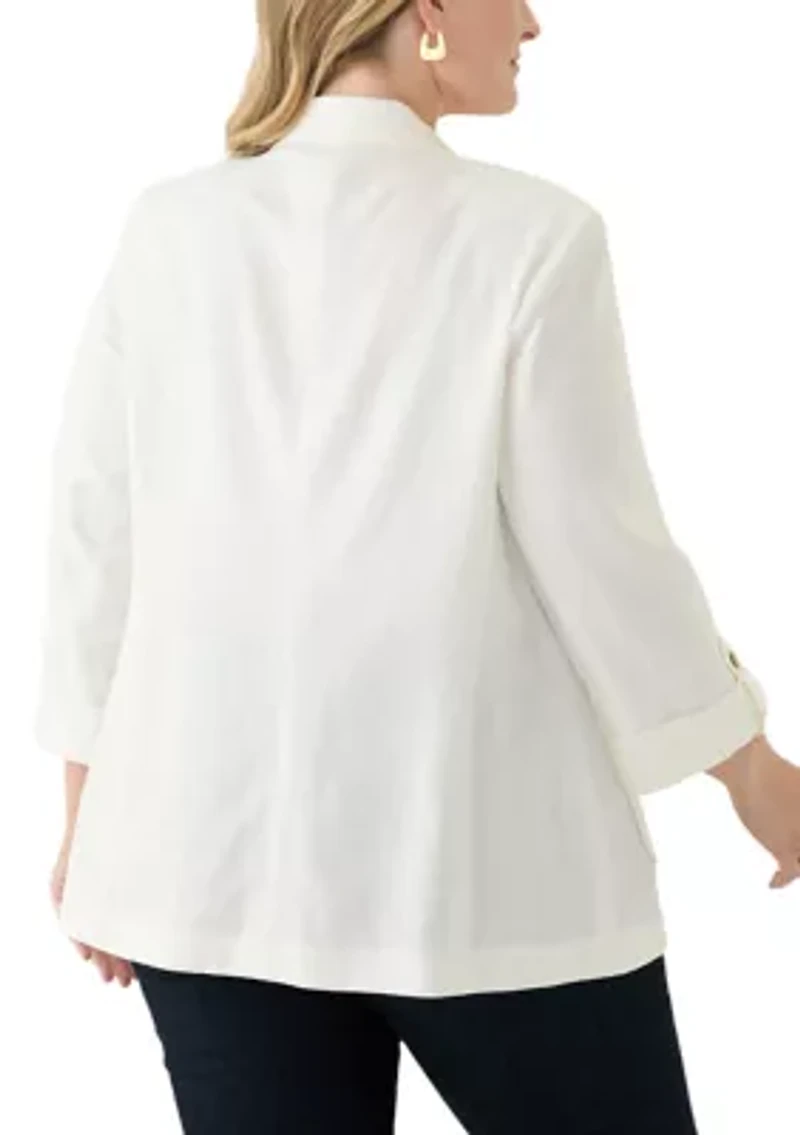 Plus Linen Patch Pocket Jacket with Roll Tab Sleeves