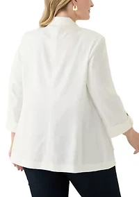 Plus Linen Patch Pocket Jacket with Roll Tab Sleeves