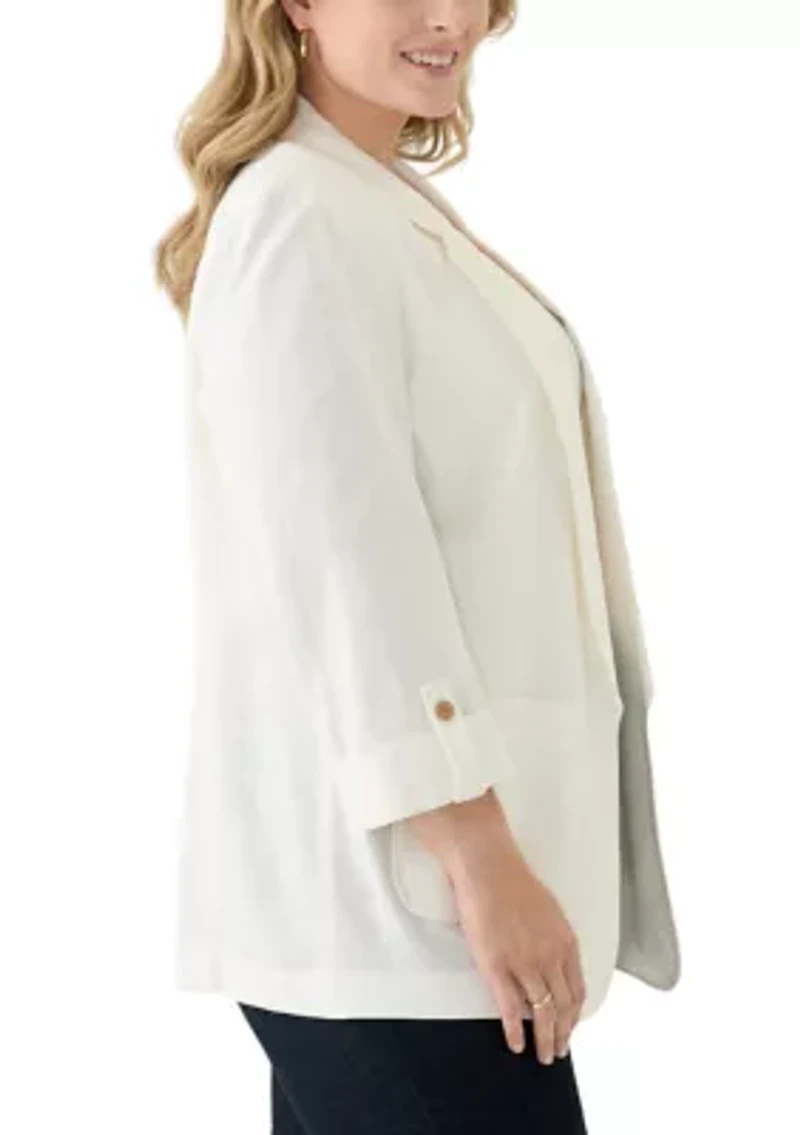 Plus Linen Patch Pocket Jacket with Roll Tab Sleeves