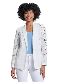 Women's Floral Eyelet One Button Notch Collar with Welt Pockets