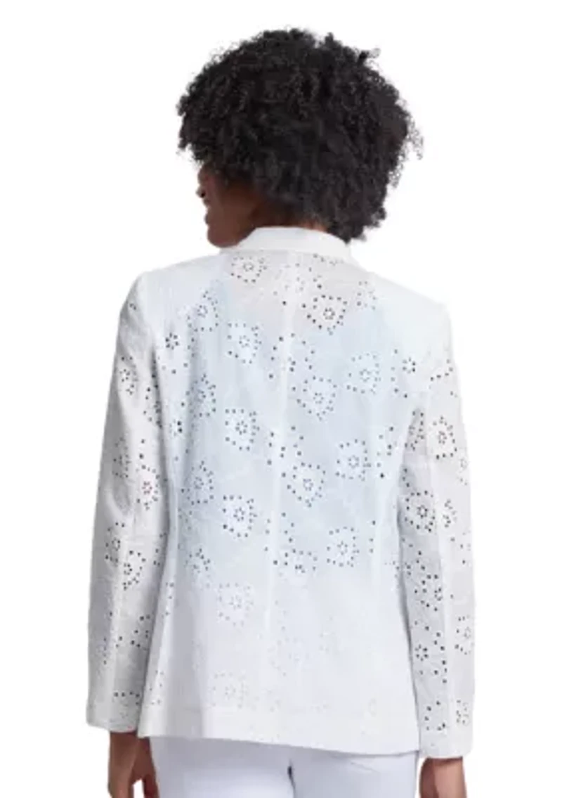 Women's Floral Eyelet One Button Notch Collar with Welt Pockets