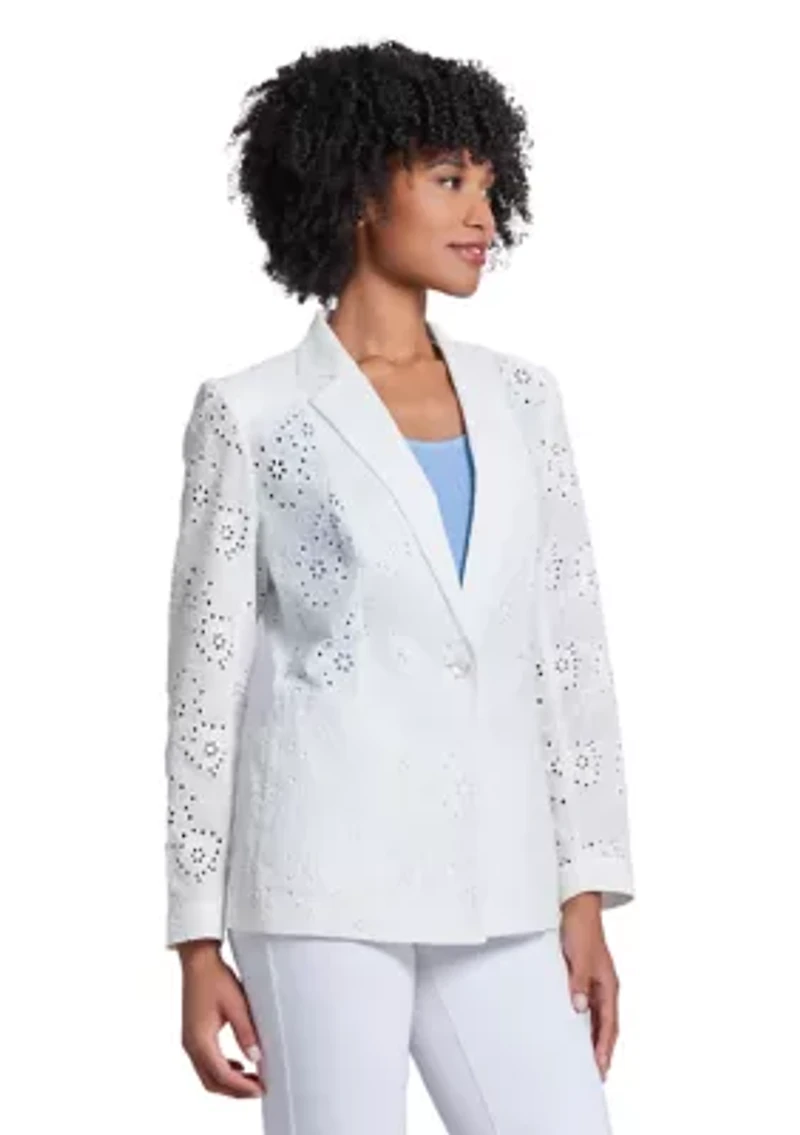 Women's Floral Eyelet One Button Notch Collar with Welt Pockets