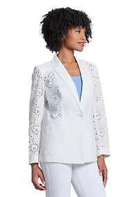 Women's Floral Eyelet One Button Notch Collar with Welt Pockets