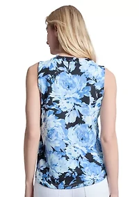 Petite Printed Moss Crepe Sleeveless V-Neck Pleat Front Top