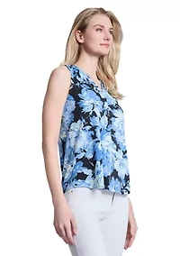 Petite Printed Moss Crepe Sleeveless V-Neck Pleat Front Top
