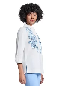 Women's Button Front Embroidered Long Sleeve Blouse