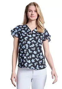 Petite Printed Moss Crepe Double Flutter Sleeve V-Neck Top with Tube Trim