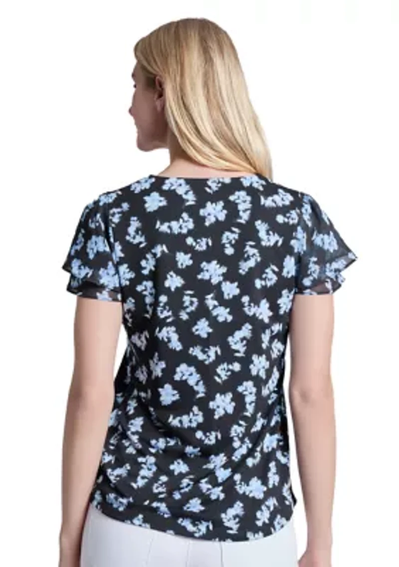 Petite Printed Moss Crepe Double Flutter Sleeve V-Neck Top with Tube Trim