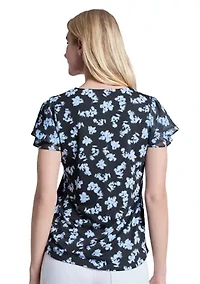 Petite Printed Moss Crepe Double Flutter Sleeve V-Neck Top with Tube Trim