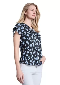 Petite Printed Moss Crepe Double Flutter Sleeve V-Neck Top with Tube Trim