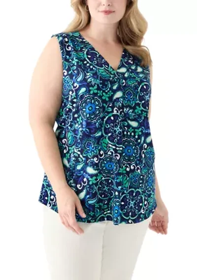 Plus Printed Sleeveless V-Neck Pleat Front Shell Top
