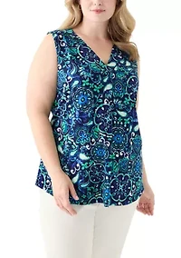 Plus Printed Sleeveless V-Neck Pleat Front Shell Top