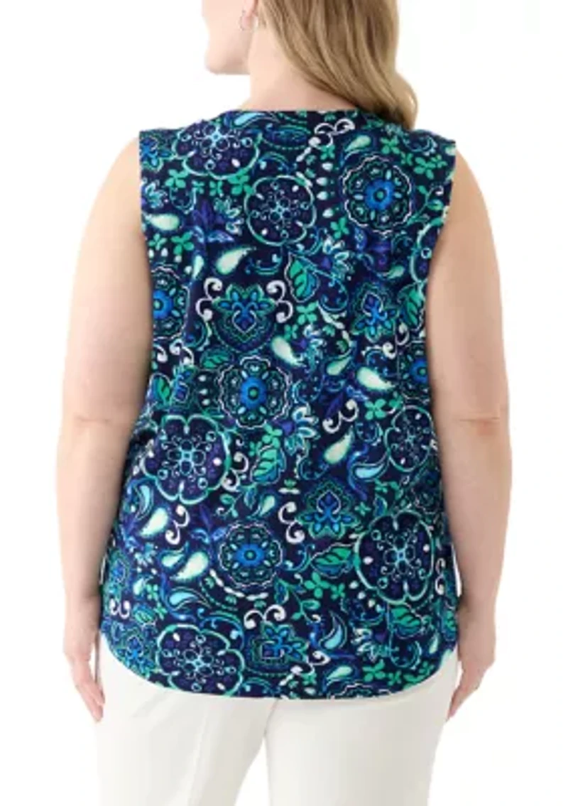 Plus Printed Sleeveless V-Neck Pleat Front Shell Top
