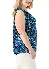 Plus Printed Sleeveless V-Neck Pleat Front Shell Top