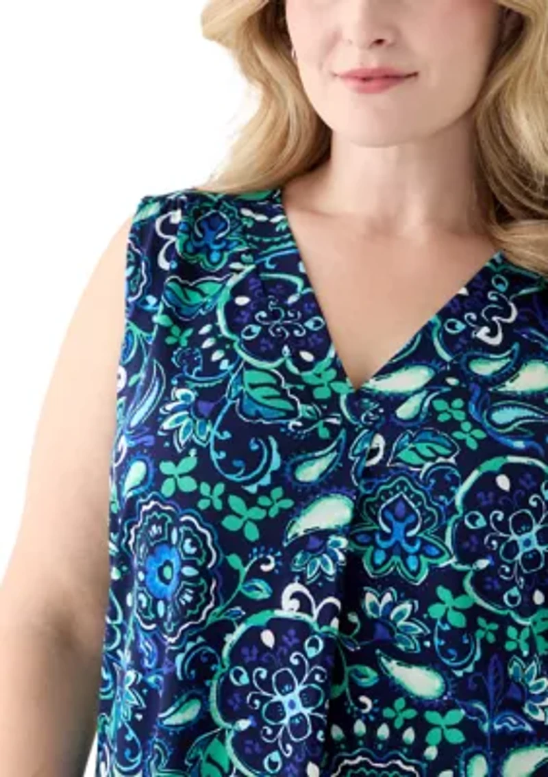 Plus Printed Sleeveless V-Neck Pleat Front Shell Top
