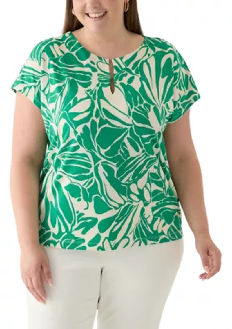 Plus Printed Cropped Extended SHoulder Double Trim Top
