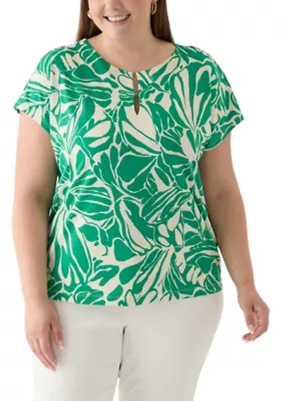 Plus Printed Cropped Extended SHoulder Double Trim Top
