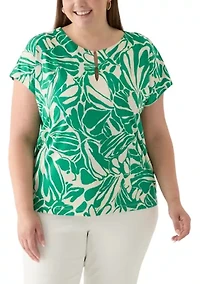 Plus Printed Cropped Extended SHoulder Double Trim Top