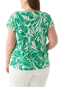 Plus Printed Cropped Extended SHoulder Double Trim Top