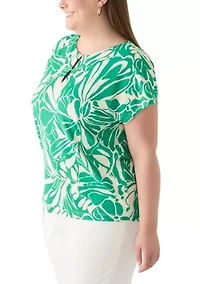 Plus Printed Cropped Extended SHoulder Double Trim Top