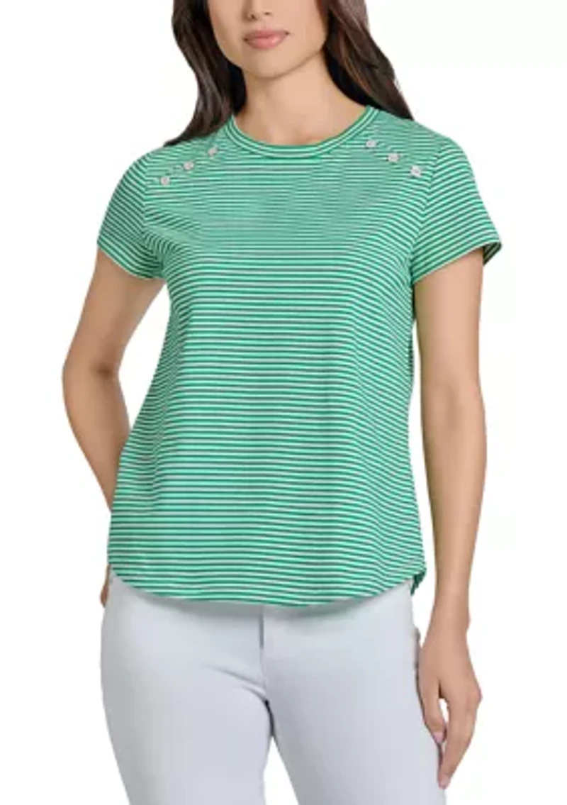 Petite Fine Yarn Dyed Stripe Knit Short Sleeve Enamel Button Shoulder T-Shirt