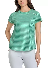 Petite Fine Yarn Dyed Stripe Knit Short Sleeve Enamel Button Shoulder T-Shirt