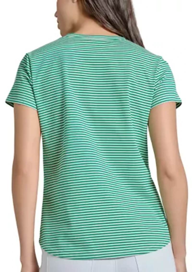 Petite Fine Yarn Dyed Stripe Knit Short Sleeve Enamel Button Shoulder T-Shirt