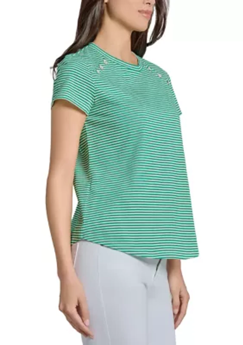 Petite Fine Yarn Dyed Stripe Knit Short Sleeve Enamel Button Shoulder T-Shirt